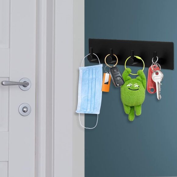 Adhesive Stainless Steel Key Hooks Towel Hook Coat Hanger Four Rows Black 1PCS - Picture 4 of 5